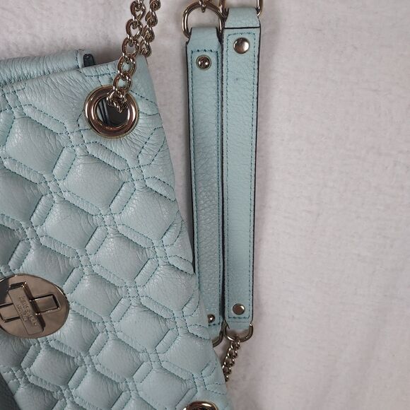 Kate Spade Quilted Pebbled Leather Turnlock Shoulder Bag Blue Gold Chain - Picture 6 of 16